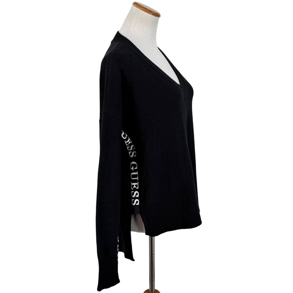 Guess Black V-Neck Logo Knit Sweater XL| Mob Wife Old Money Peppy 90s Minimalist - Picture 6 of 13